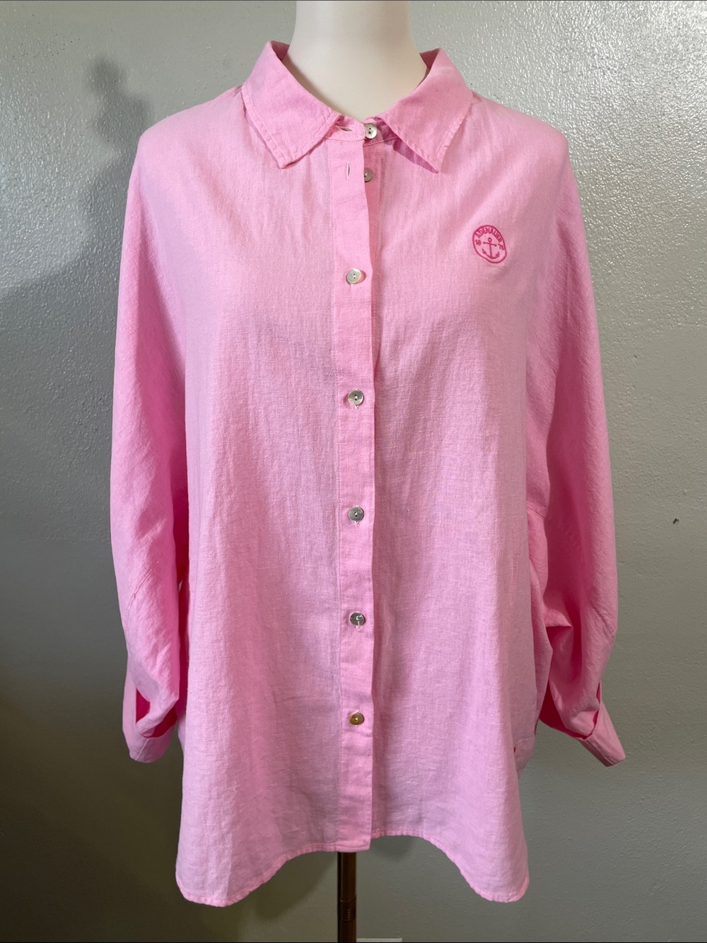 Adenauer Linen Shirt Pink Button Roll Tab Sleeve Anchor XL XXL Coastal Beachwear